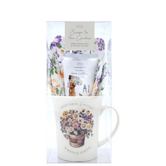 JENAM LIFE IN THE GARDEN - ESCAPE TO THE GARDEN - 75ML HAND CREAM, MUG & GARDEN GLOVES