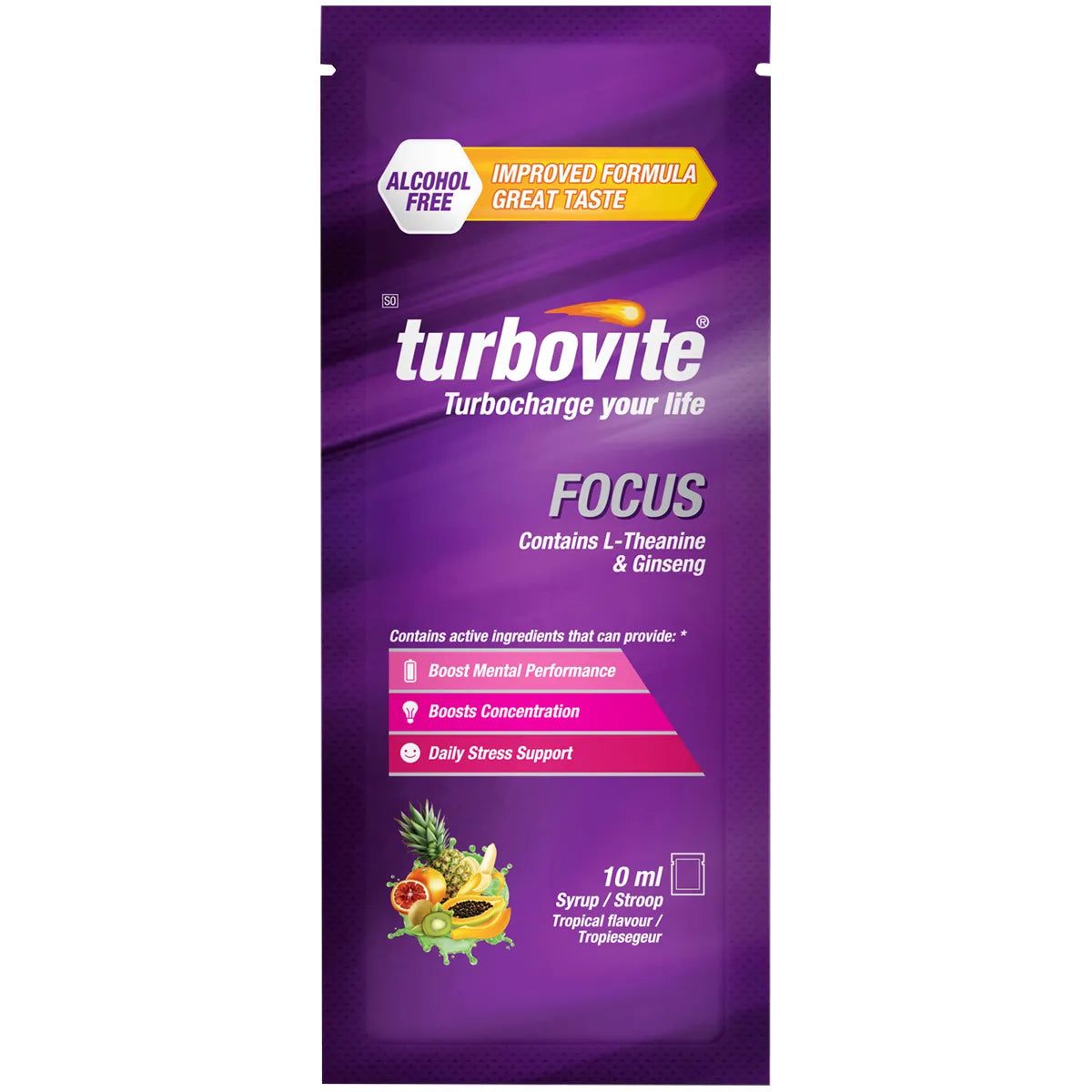 TURBOVITE FOCUS ALCOHOL FREE TROPICAL SYRUP SACHET 10ML