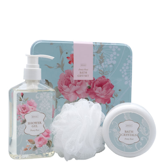 JENAM PEONY ROSE-BATH GIFT TIN (SPONGE, BATH CRYSALS, SHOWER GEL)